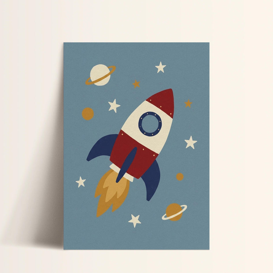 A red and white rocket ship is depicted soaring through a starry sky, with planets and stars surrounding it.