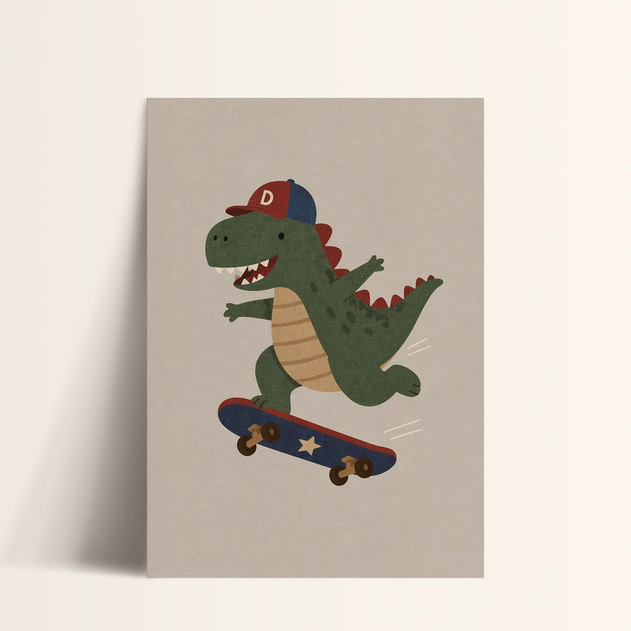 A cartoon illustration of a green dinosaur riding a skateboard.