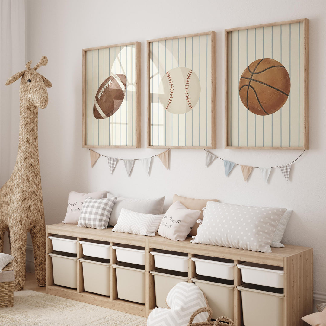 Vintage Sports Nursery Print Set of 3 | Baseball, Basketball & Football Boys Room Art