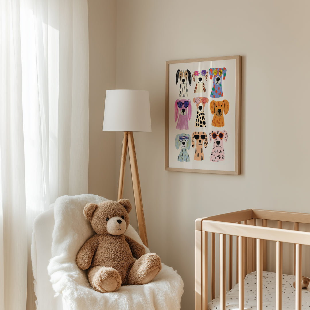a teddy bear sitting in a chair next to a crib