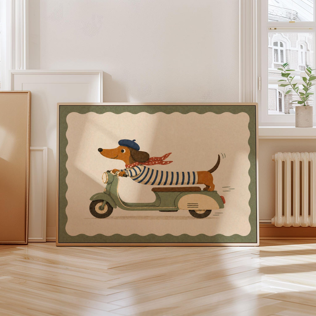 A framed illustration of a dog riding a scooter, wearing a striped outfit and a hat.