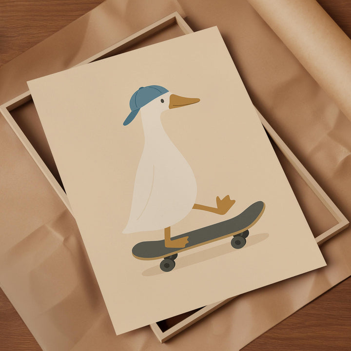 a picture of a duck on a skateboard