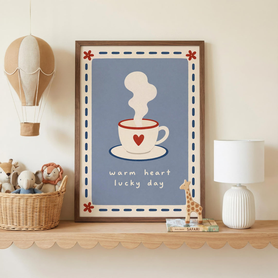 a framed poster with a cup of coffee and steam, a hot air balloon, and a giraffe figurine on a shelf.