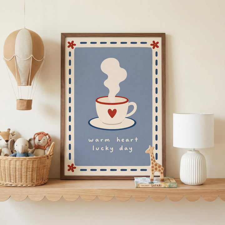 a framed poster with a cup of coffee and steam, a hot air balloon, and a giraffe figurine on a shelf.