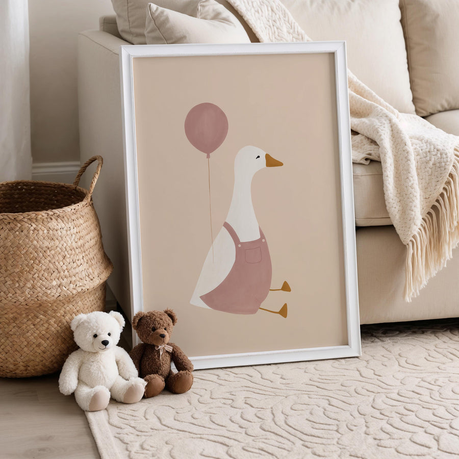 a picture of a duck with a balloon and a teddy bear