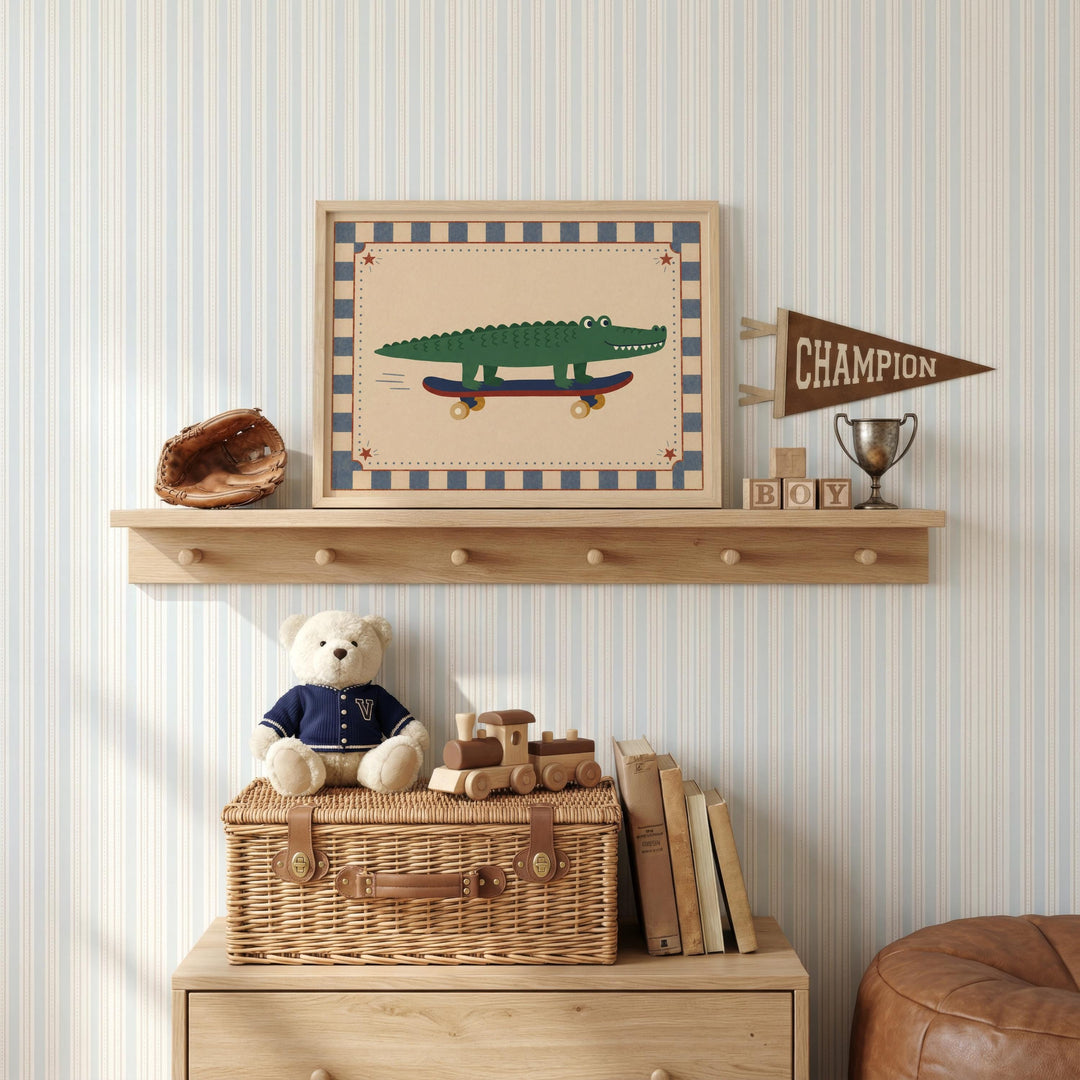 a shelf with various toys and decorative items, including a framed picture of a cartoon alligator, a trophy, a teddy bear, and a wicker basket.