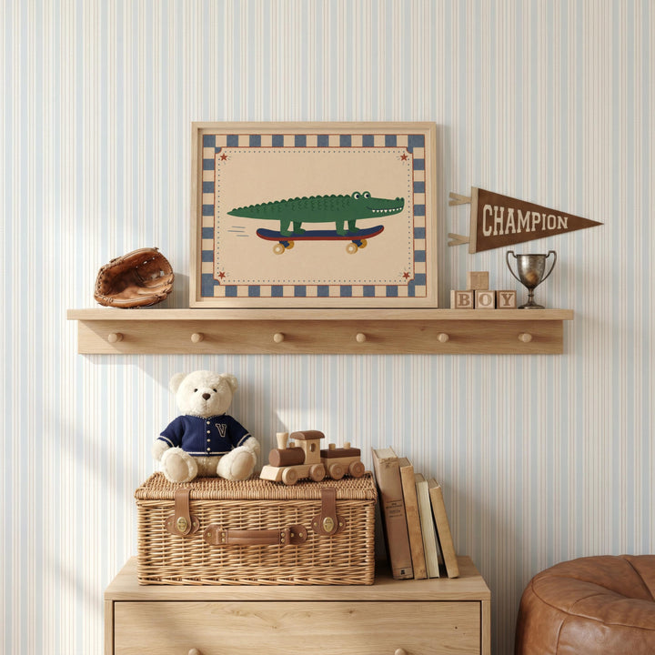 a shelf with various toys and decorative items, including a framed picture of a cartoon alligator, a trophy, a teddy bear, and a wicker basket.