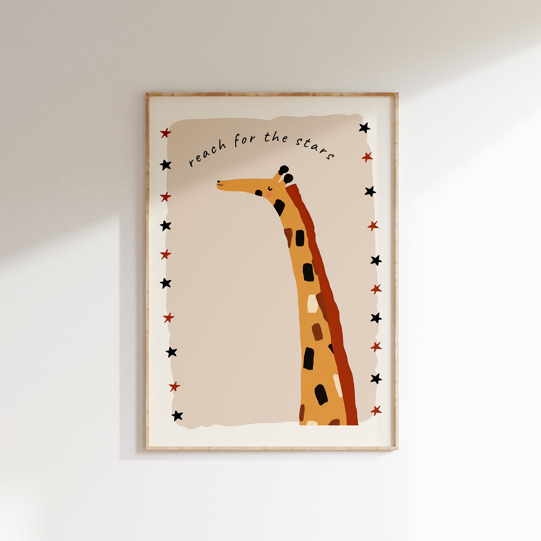 a picture of a giraffe hanging on a wall