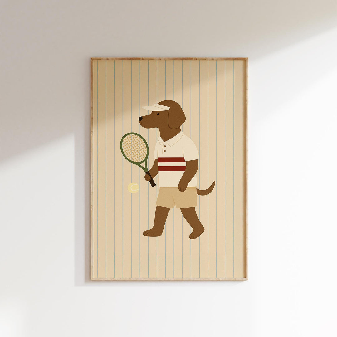 a picture of a dog holding a tennis racket
