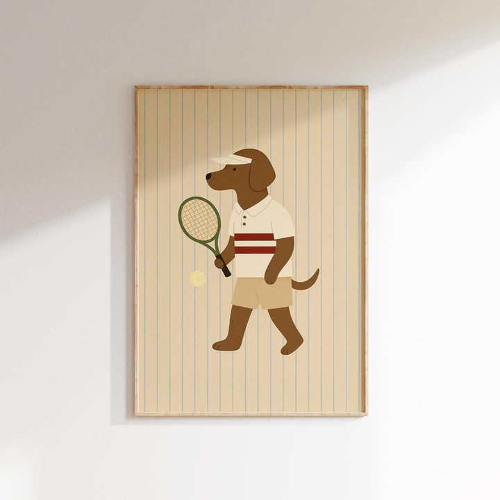 a picture of a dog holding a tennis racket