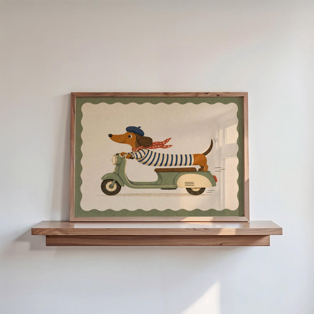 A framed illustration of a dog riding a scooter on a shelf.