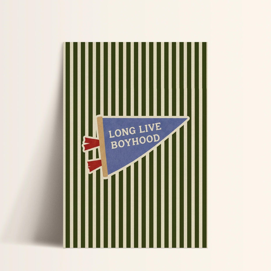 A poster with a green and white striped background and a blue triangular flag with the text "LONG LIVE BOYHOOD" on it.