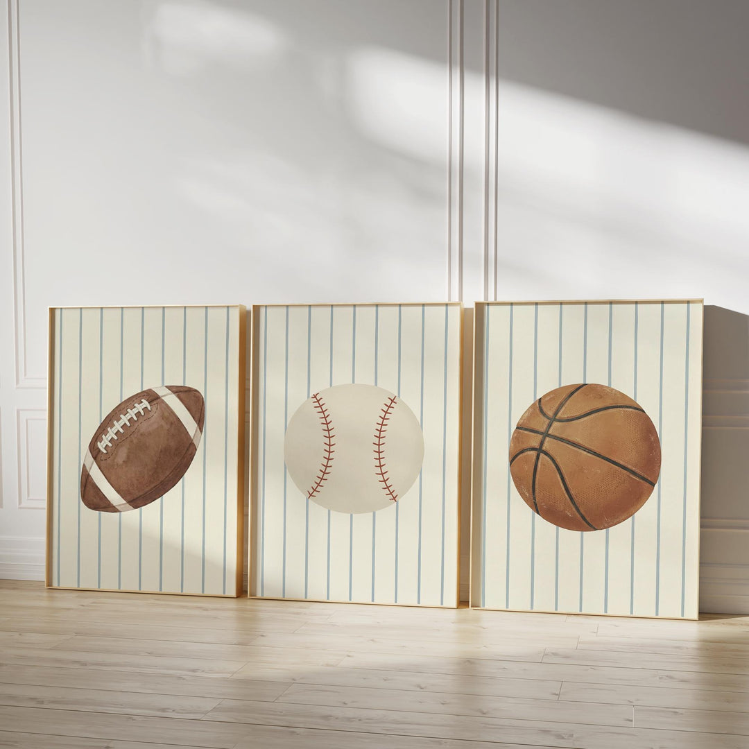 Vintage Sports Nursery Print Set of 3 | Baseball, Basketball & Football Boys Room Art