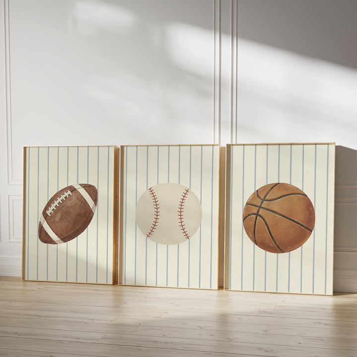 Vintage Sports Nursery Print Set of 3 | Baseball, Basketball & Football Boys Room Art