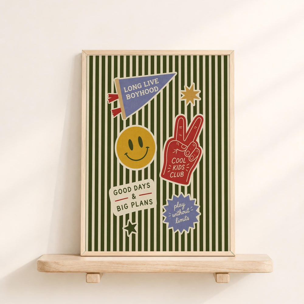 The image is a framed poster with various colorful and playful elements, including a peace sign, a smiley face, and text that reads "Long live Boyhood" and "Cool kids club".