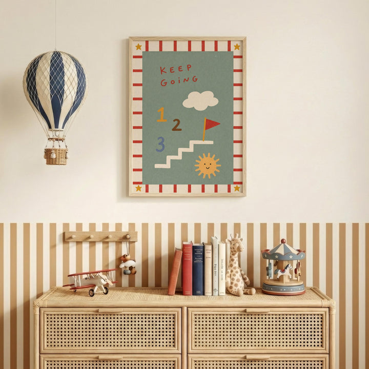 a colorful poster with a hot air balloon, a carousel, and a number 1, 2, and 3 on a wall, along with a wooden dresser and a collection of books.