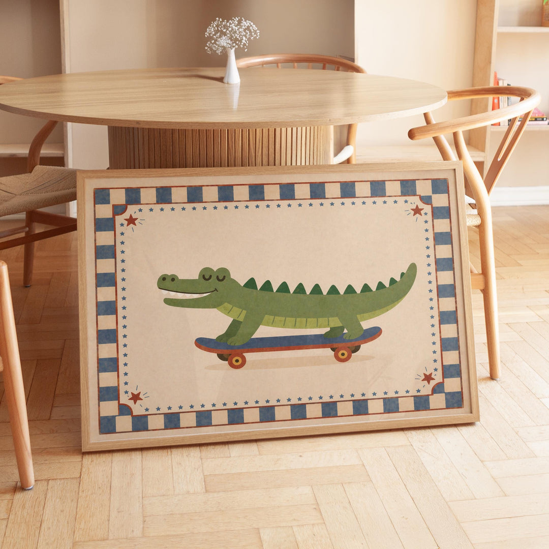 a framed picture of a green alligator riding a skateboard.