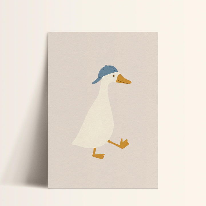 a card with a duck wearing a blue hat