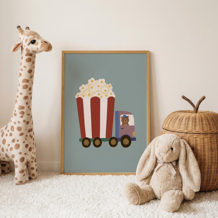 a giraffe, a stuffed rabbit, and a wicker basket, all placed on a white carpet.