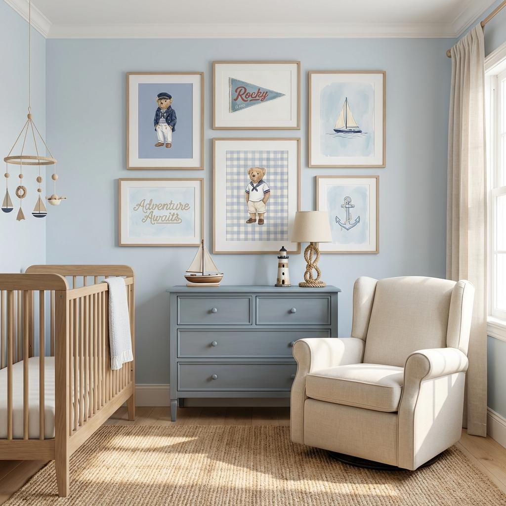 Personalized Nautical Nursery Wall Art Set | 6 Custom Name Coastal Prints