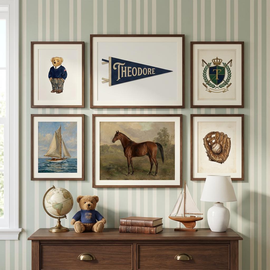 Ralph Bear Nursery Wall Art Set of 6, Custom Preppy Gallery Wall, Personalized Pennant Name Print, Classic Boys Room Decor