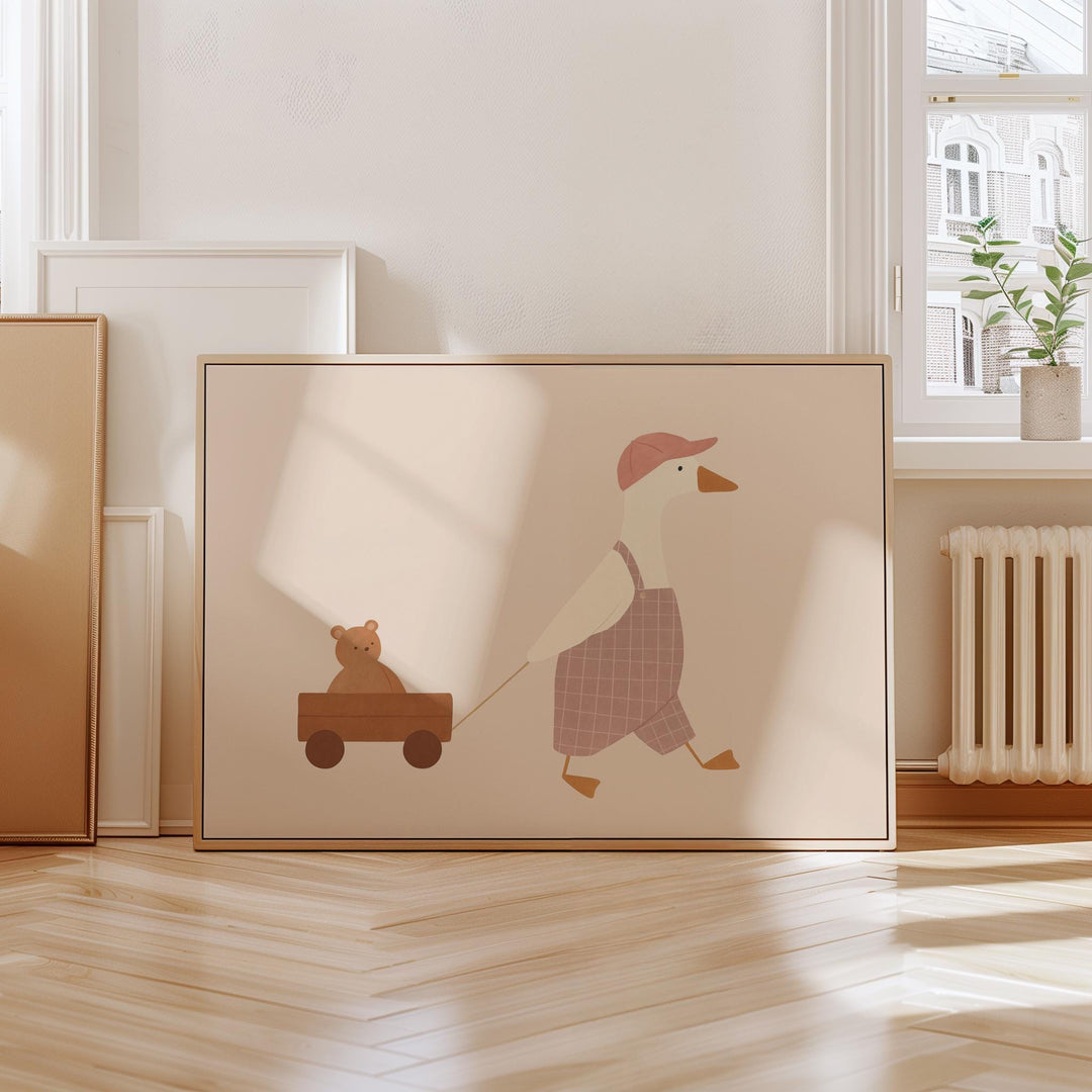 a picture of a duck pulling a teddy bear on a cart