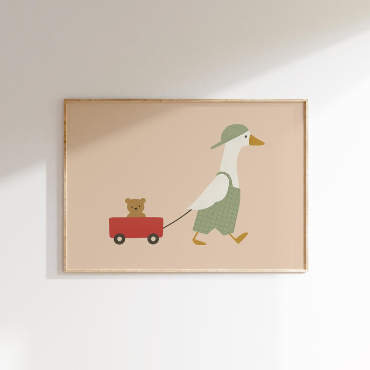 a picture of a duck pulling a teddy bear on a wagon