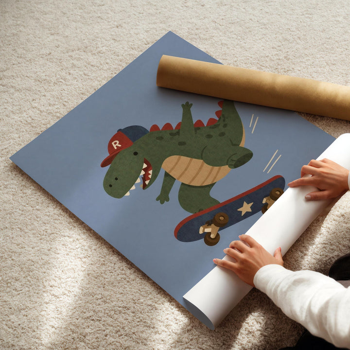 A child's hands are holding a roll of paper, which appears to be a poster or artwork featuring a cartoon dinosaur riding a skateboard.