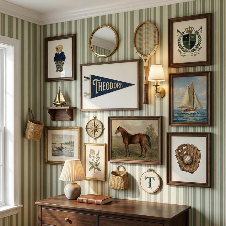 Ralph Bear Nursery Wall Art Set of 6, Custom Preppy Gallery Wall, Personalized Pennant Name Print, Classic Boys Room Decor