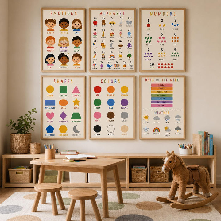 Educational Nursery Print Set of 12 | Preschool Learning Posters (Alphabet, Numbers, Colors, Shapes)