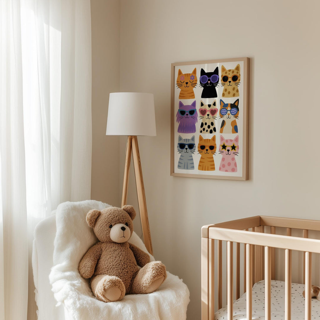a teddy bear sitting in a chair next to a crib