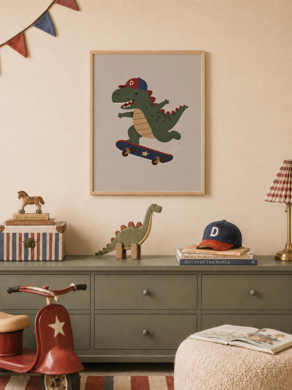 a child's bedroom with a framed picture of a dinosaur riding a skateboard, a toy horse, a toy dinosaur, a toy car, a stack of books, and a red toy scooter.