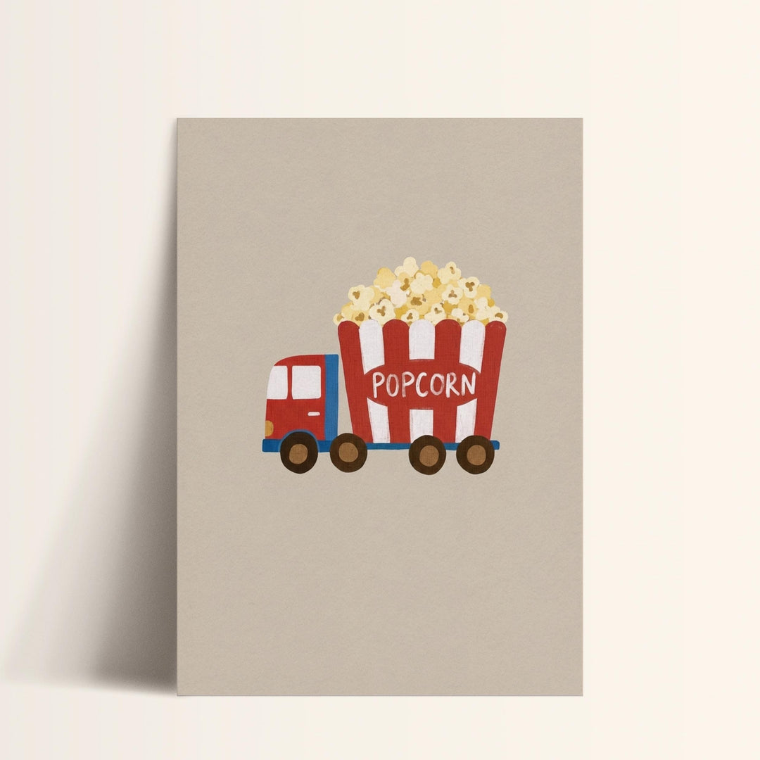 A red and white truck with a large red and white striped bucket filled with popcorn.