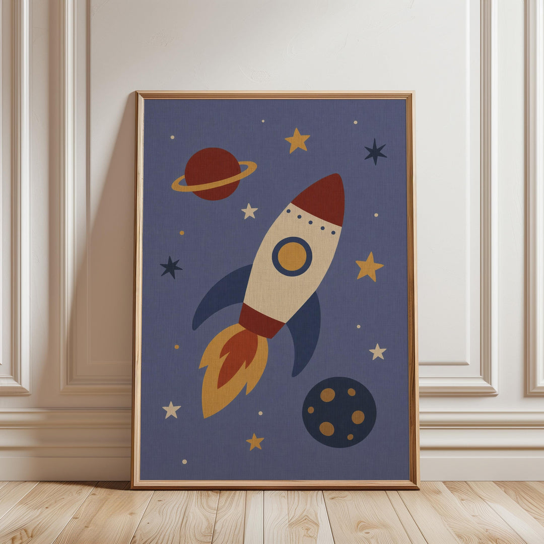 a framed poster of a rocket ship flying through a space scene, with planets, stars, and a moon visible.