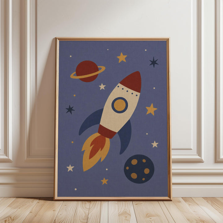 a framed poster of a rocket ship flying through a space scene, with planets, stars, and a moon visible.