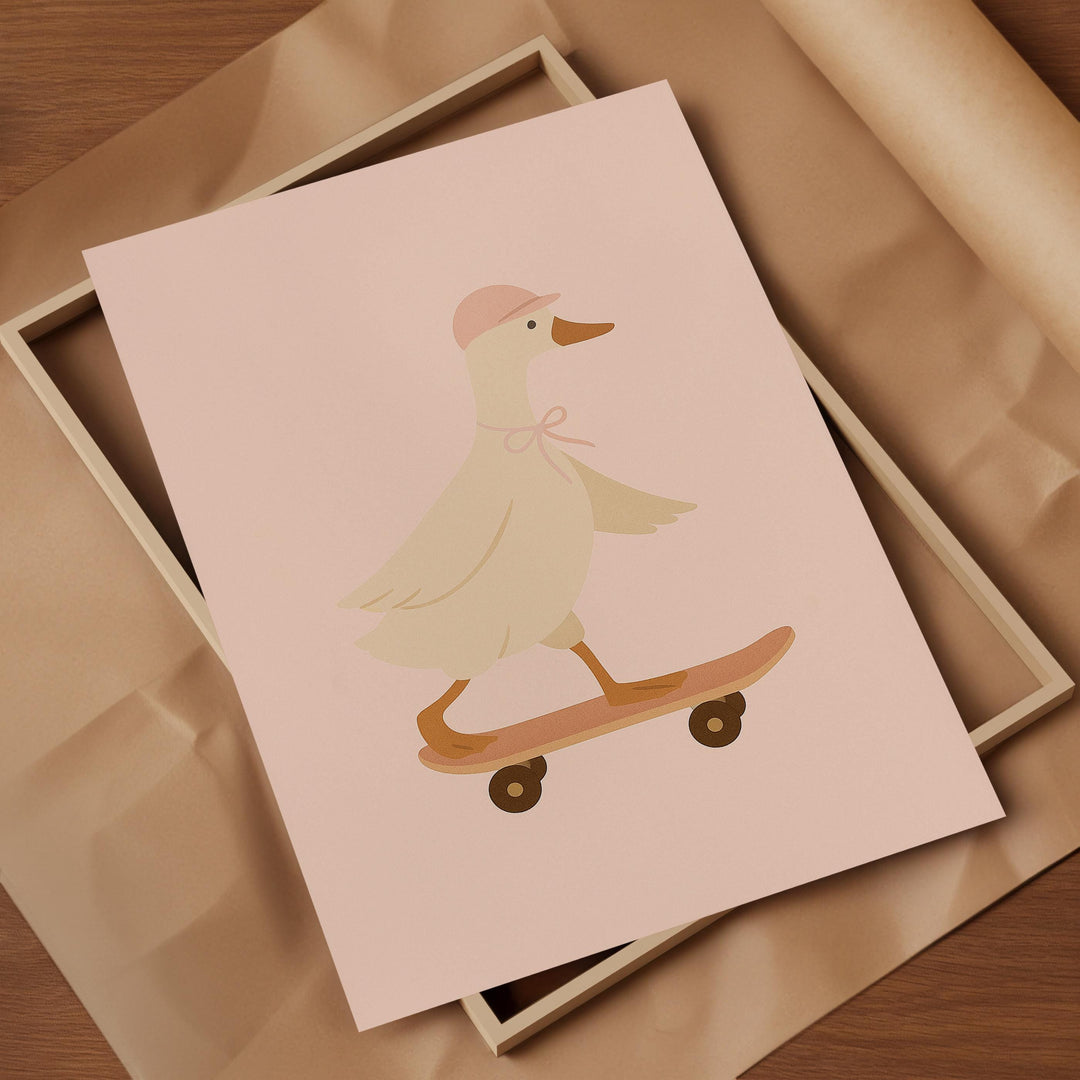 a picture of a duck on a skateboard