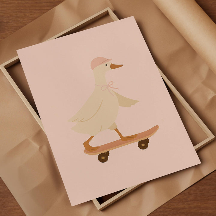 a picture of a duck on a skateboard