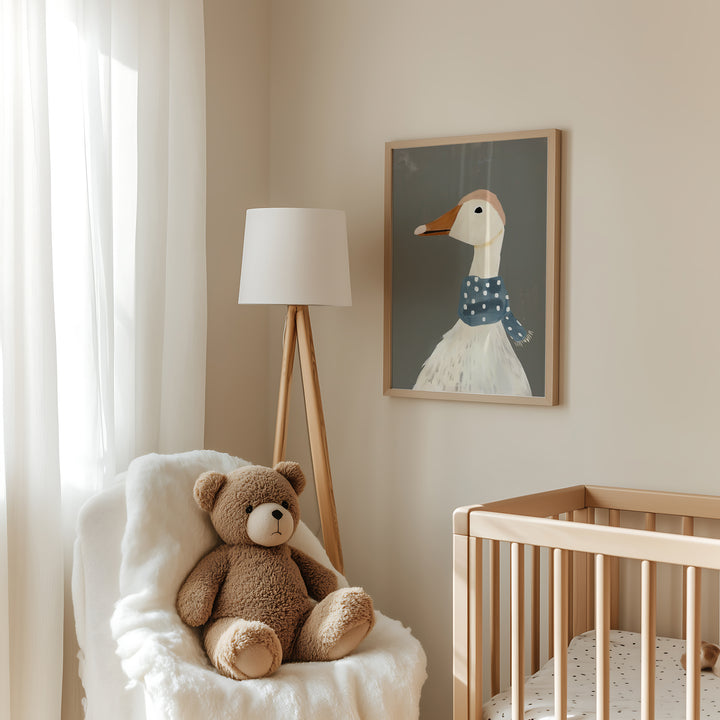 a teddy bear sitting in a chair next to a crib