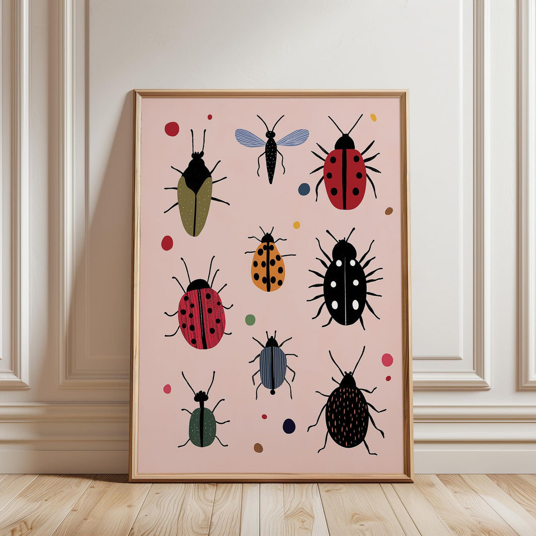 a picture of a group of ladybugs on a pink background