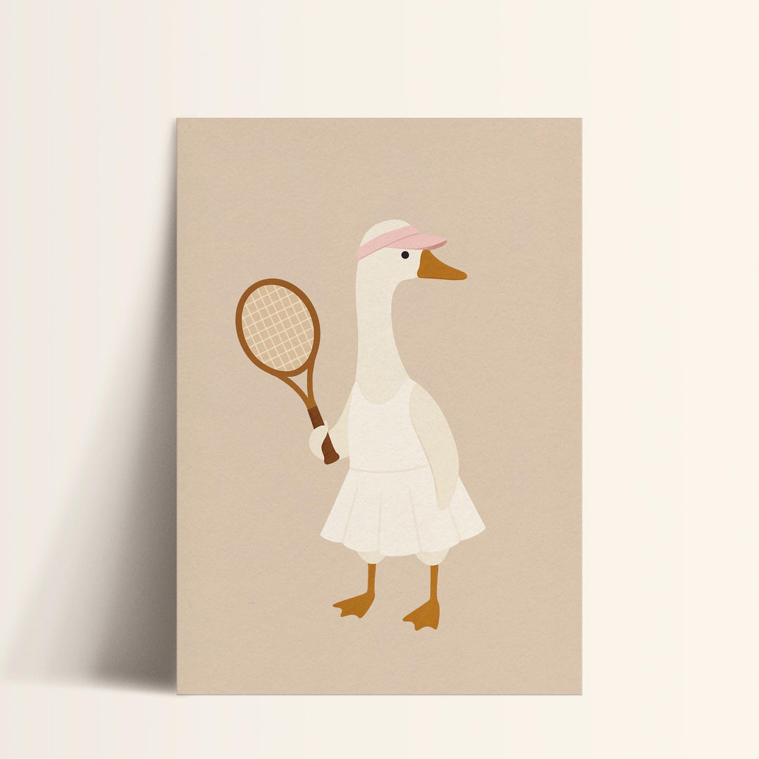 a card with a duck holding a tennis racket