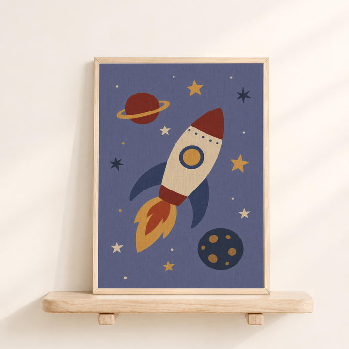 a framed artwork depicting a rocket ship soaring through a starry night sky, with planets and stars as its backdrop.