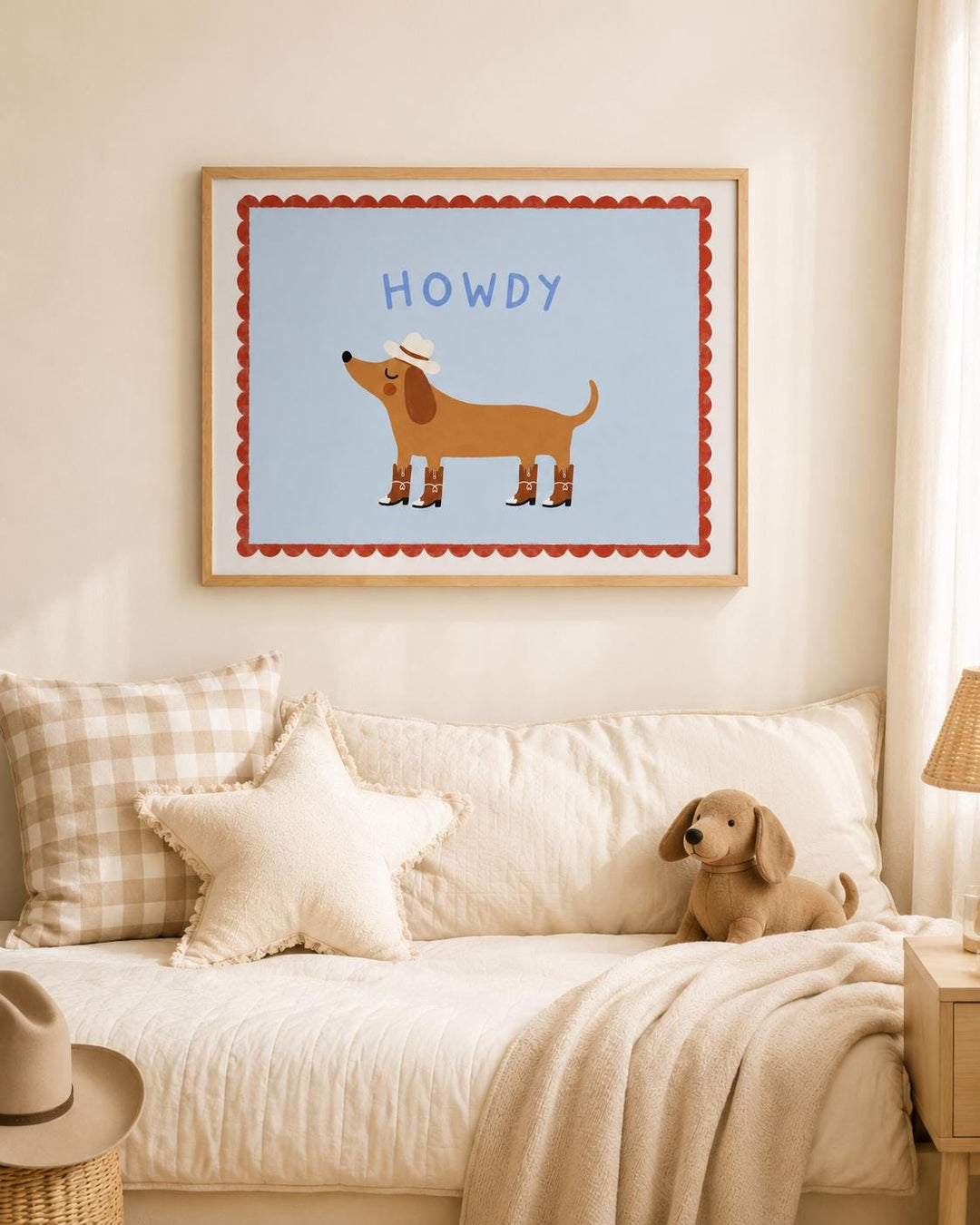 a cozy bedroom scene with a framed poster of a cartoon dog wearing a cowboy hat, a white star pillow, and a stuffed dog on a bed.