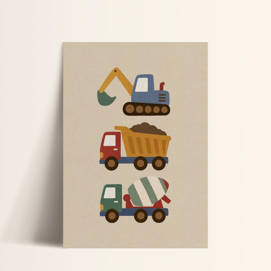 The image is a collage of three different construction vehicles, including a yellow excavator, a red dump truck, and a green cement truck, all depicted in a simple, cartoon-like style.