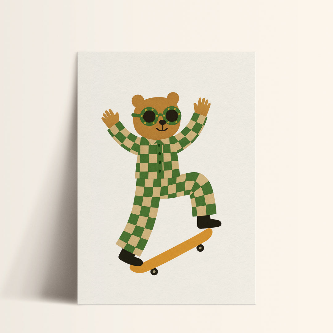 a card with a picture of a bear on a skateboard