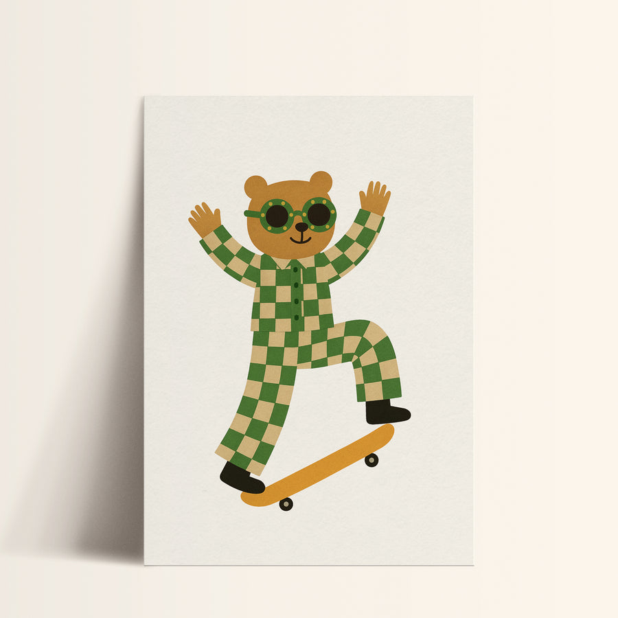 a card with a picture of a bear on a skateboard