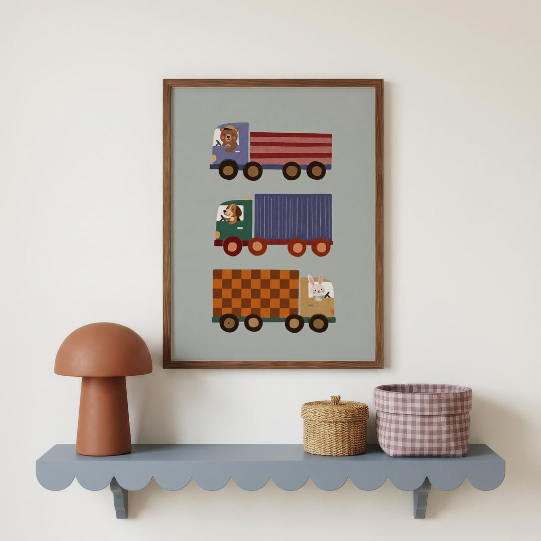 a shelf with a framed picture of three colorful trucks, a brown mushroom-shaped lamp, and a woven basket.