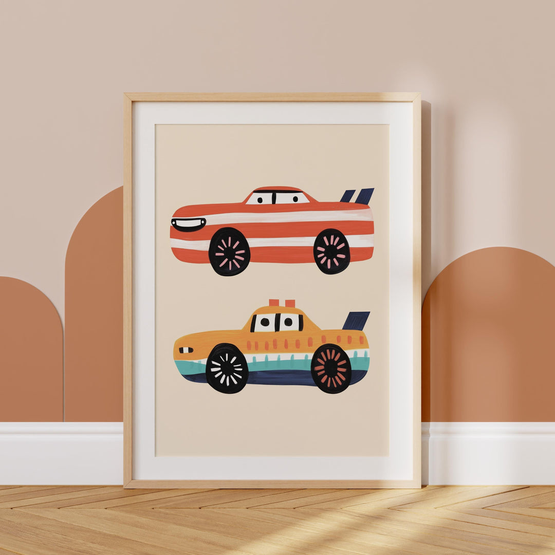 a picture of two cars on a wall