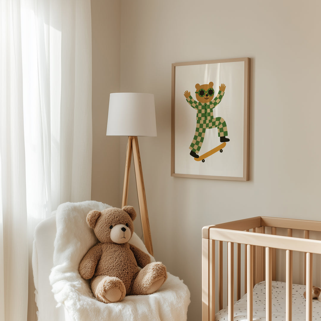 a teddy bear sitting in a chair next to a crib