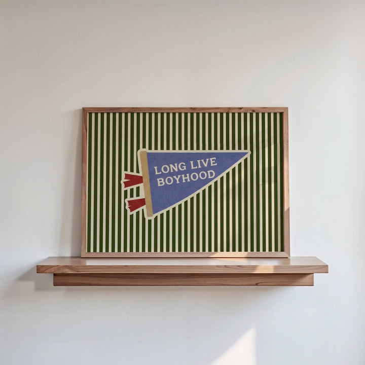 a framed poster with a green and white striped background and a blue and white triangular flag with the text "LONG LIVE BOHY hood" displayed on it.