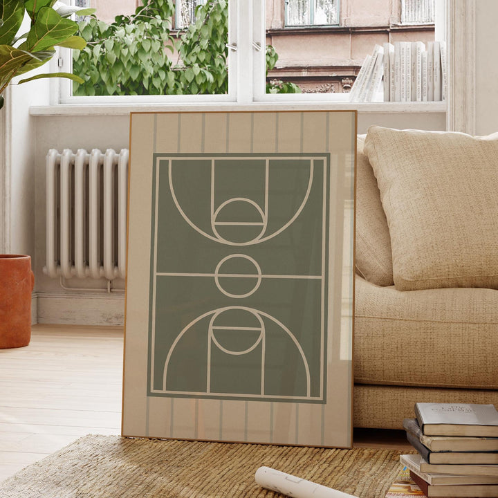 a picture of a basketball court in a living room
